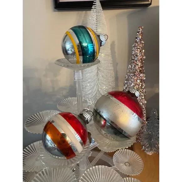 3 striped vintage Christmas ornaments, glass Christmas balls - Picture 2 of 4